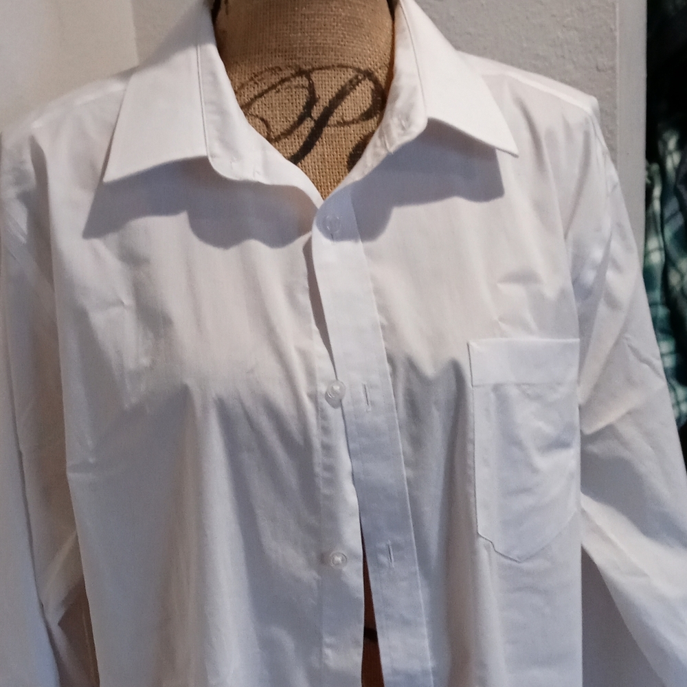 Men's white button down dress shirt.